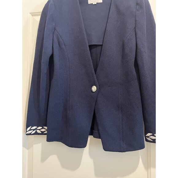 St. John Evening Marie Gray size 8 blue jacket white embroidery & crystals - Picture 6 of 11